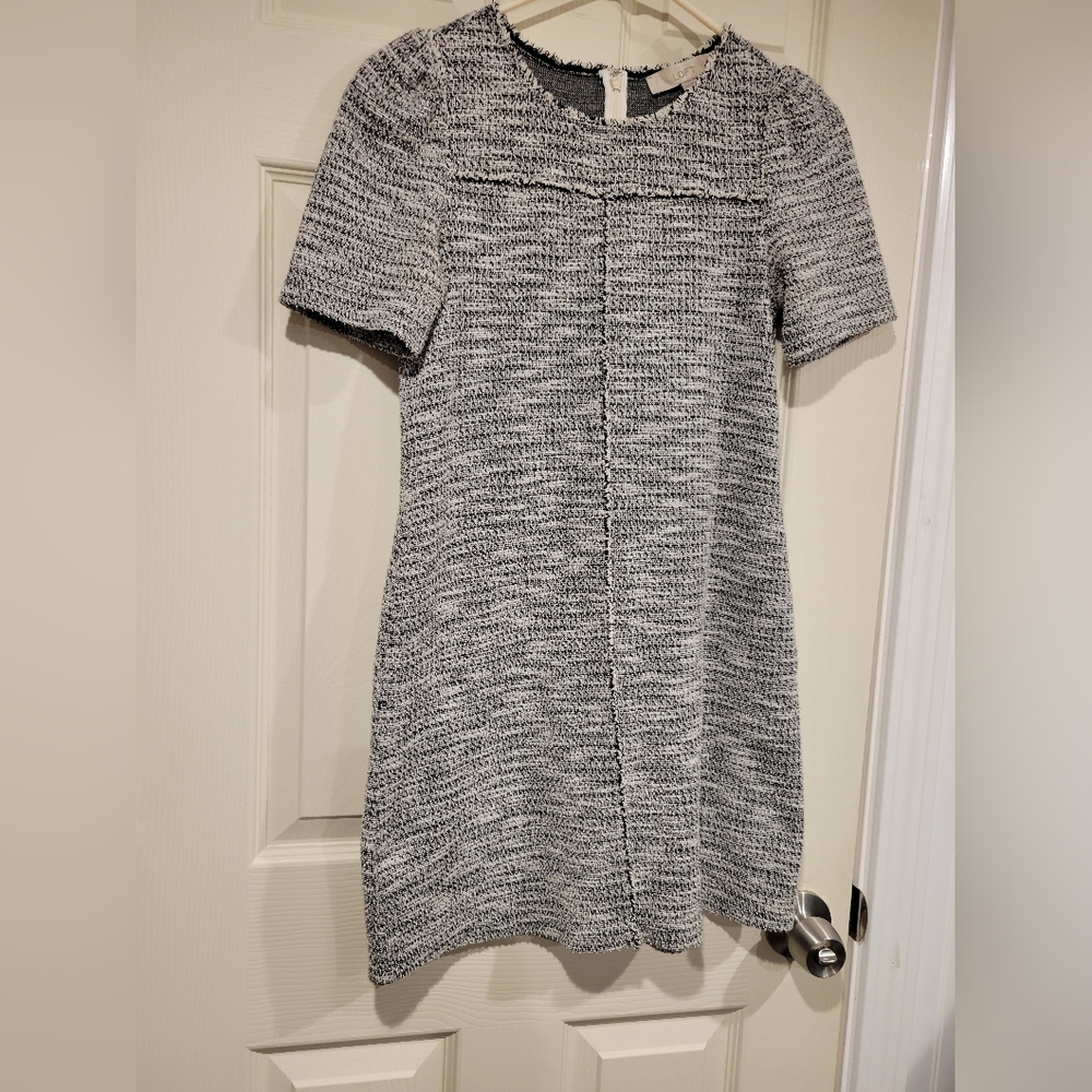 Loft Petite Fringe Black White Tweed Pocket Shift Dress XXSP